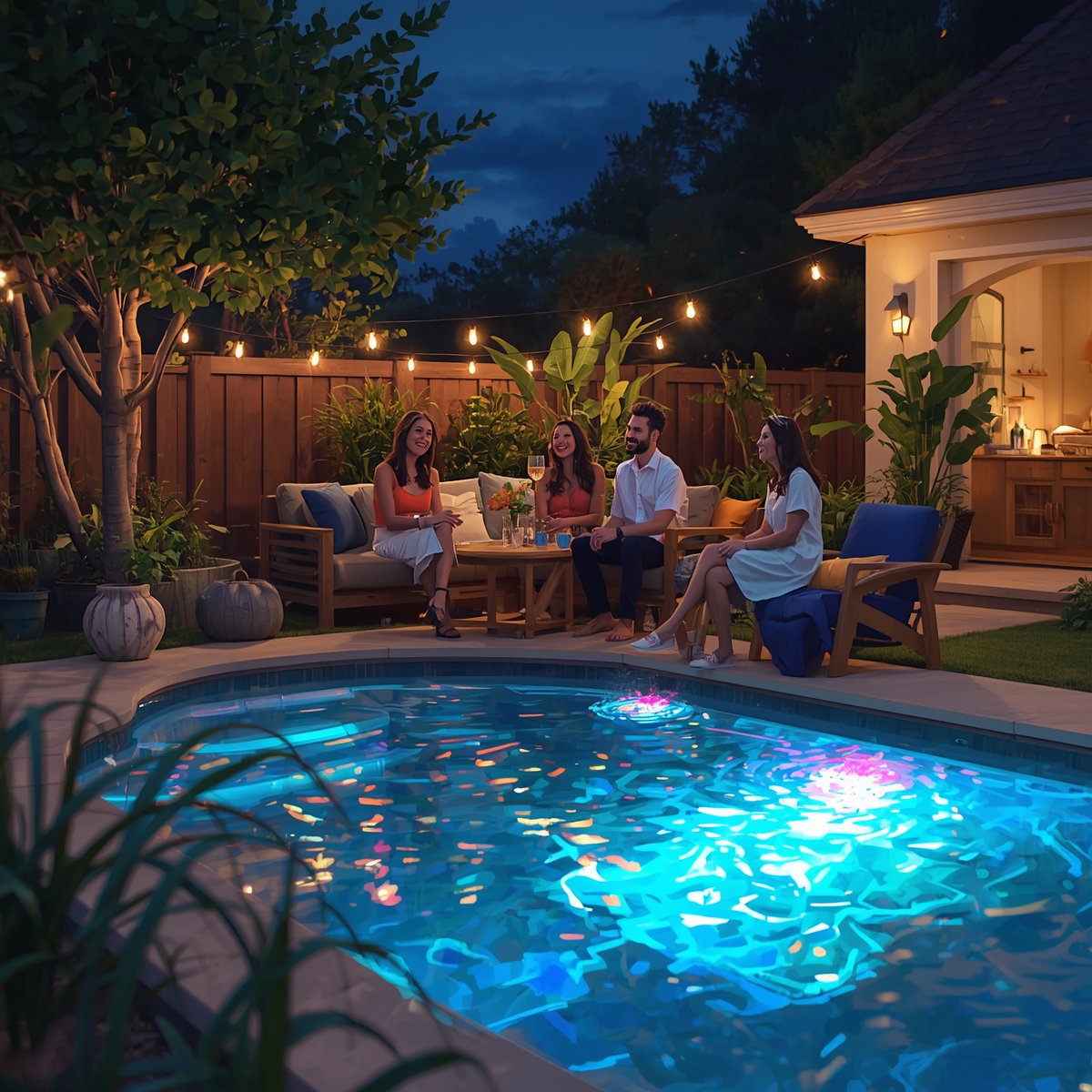 summer night with friends sitting by the pool in a custom built backyard Rocky Mount NC