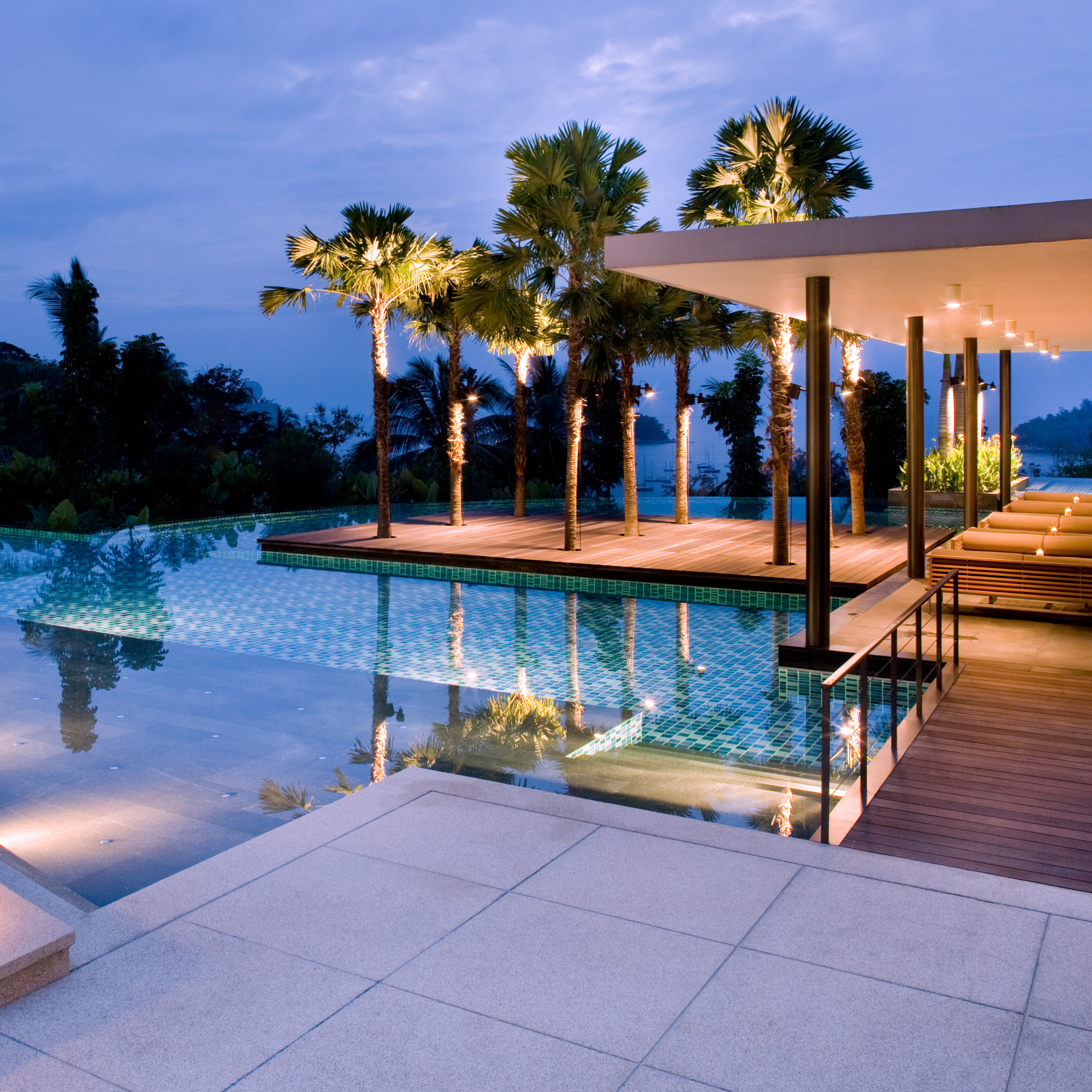 large patio at dusk